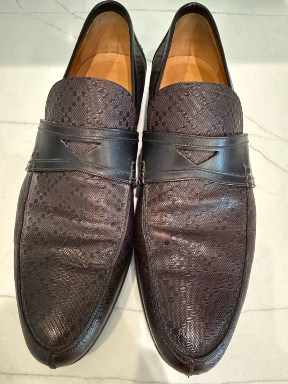 Gucci Dark Brown Monogram Leather Penny Loafers